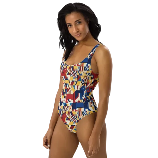 Cubist Menagerie on a One-Piece Swimsuit