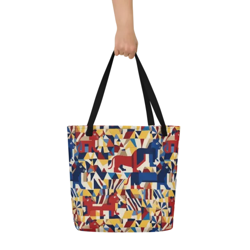 Cubist Menagerie on a Large Tote Bag W/ Pocket