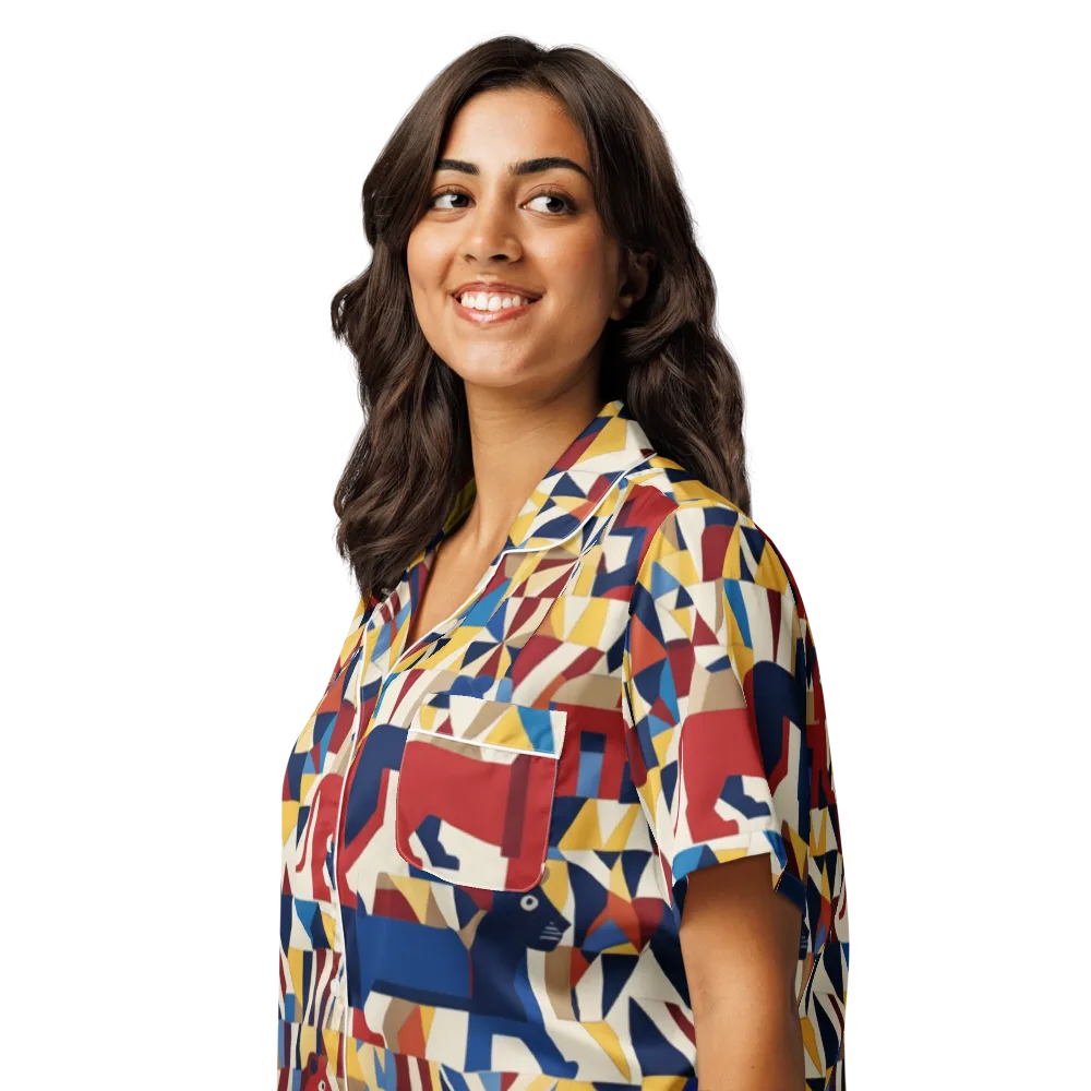 Cubist Menagerie on Women's Short Sleeve Pajama Top — Left Front