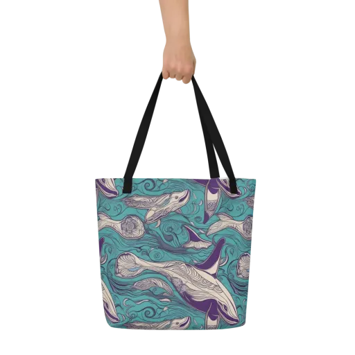 Turquoise Leviathan on a Large Tote Bag W/ Pocket