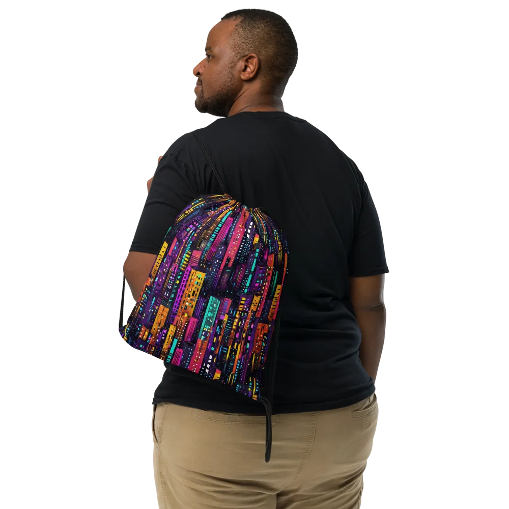 Electric Skyline on Drawstring Bag — Front