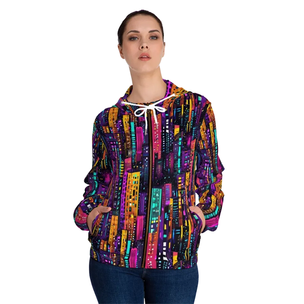 Electric Skyline on Women's Full-Zip Hoodie — Front On Person