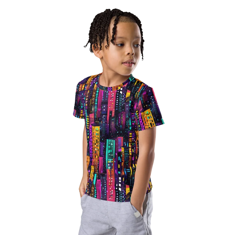 Electric Skyline on Kids Crew Neck T-Shirt — Left Front