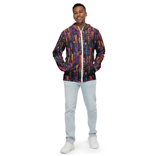 Electric Skyline on a Men's Windbreaker