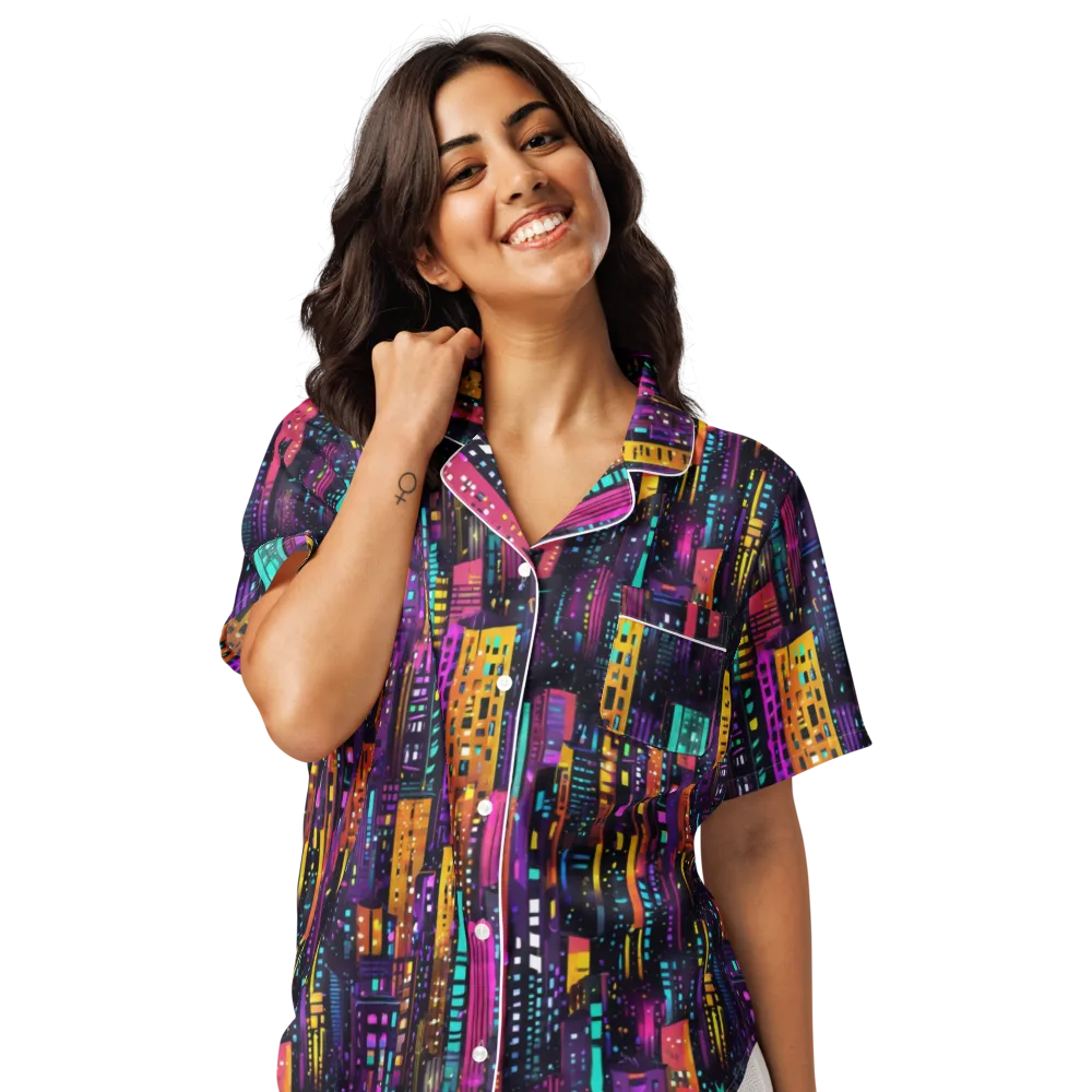 Electric Skyline on Women's Short Sleeve Pajama Top — Front