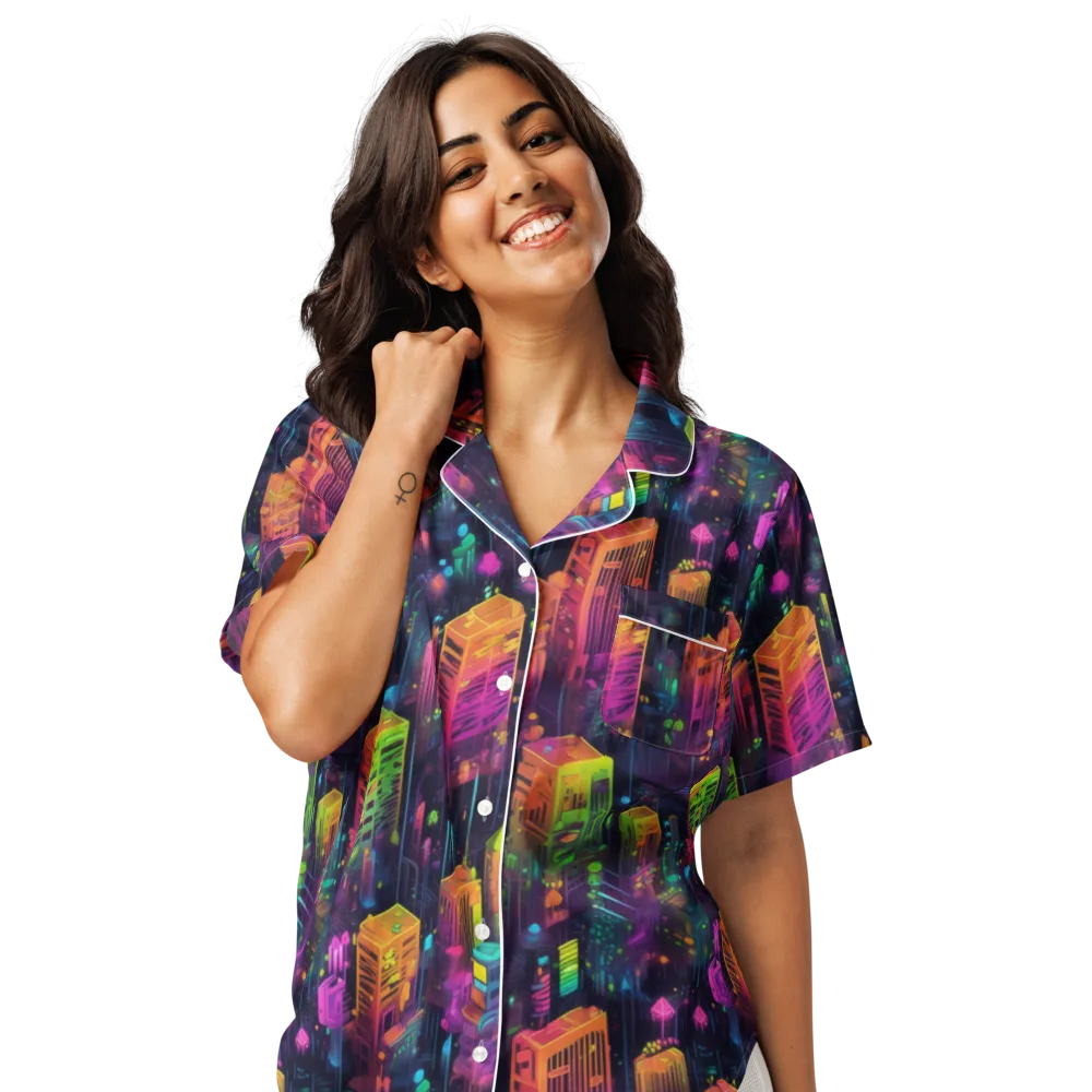Neon Verticality on Women's Short Sleeve Pajama Top — Front