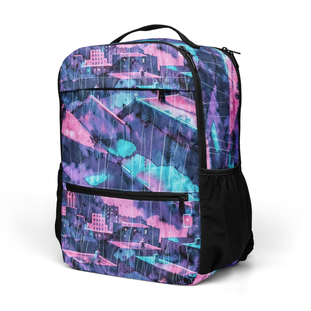 Violet Rooftop Storm on Utility Backpack — Left Front