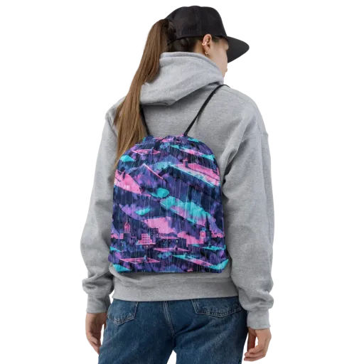 Violet Rooftop Storm on a Drawstring Bag