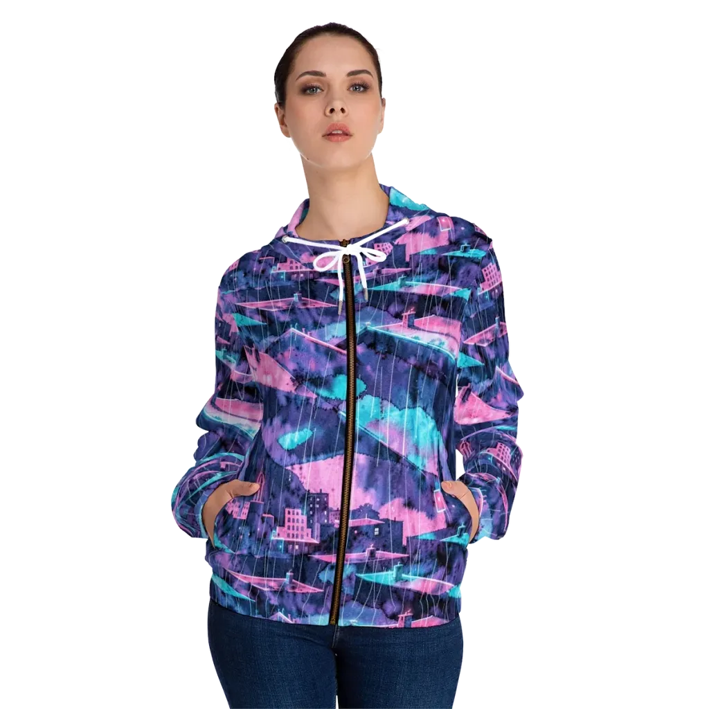 Violet Rooftop Storm on Women's Full-Zip Hoodie — Front On Person