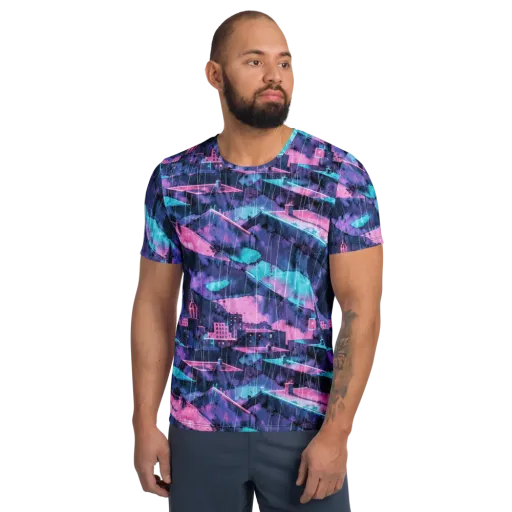 Violet Rooftop Storm on a Men's Athletic T-Shirt