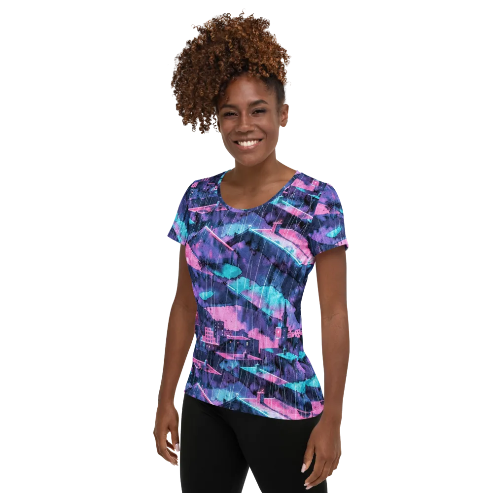 Violet Rooftop Storm on Women's Athletic T-Shirt — Left