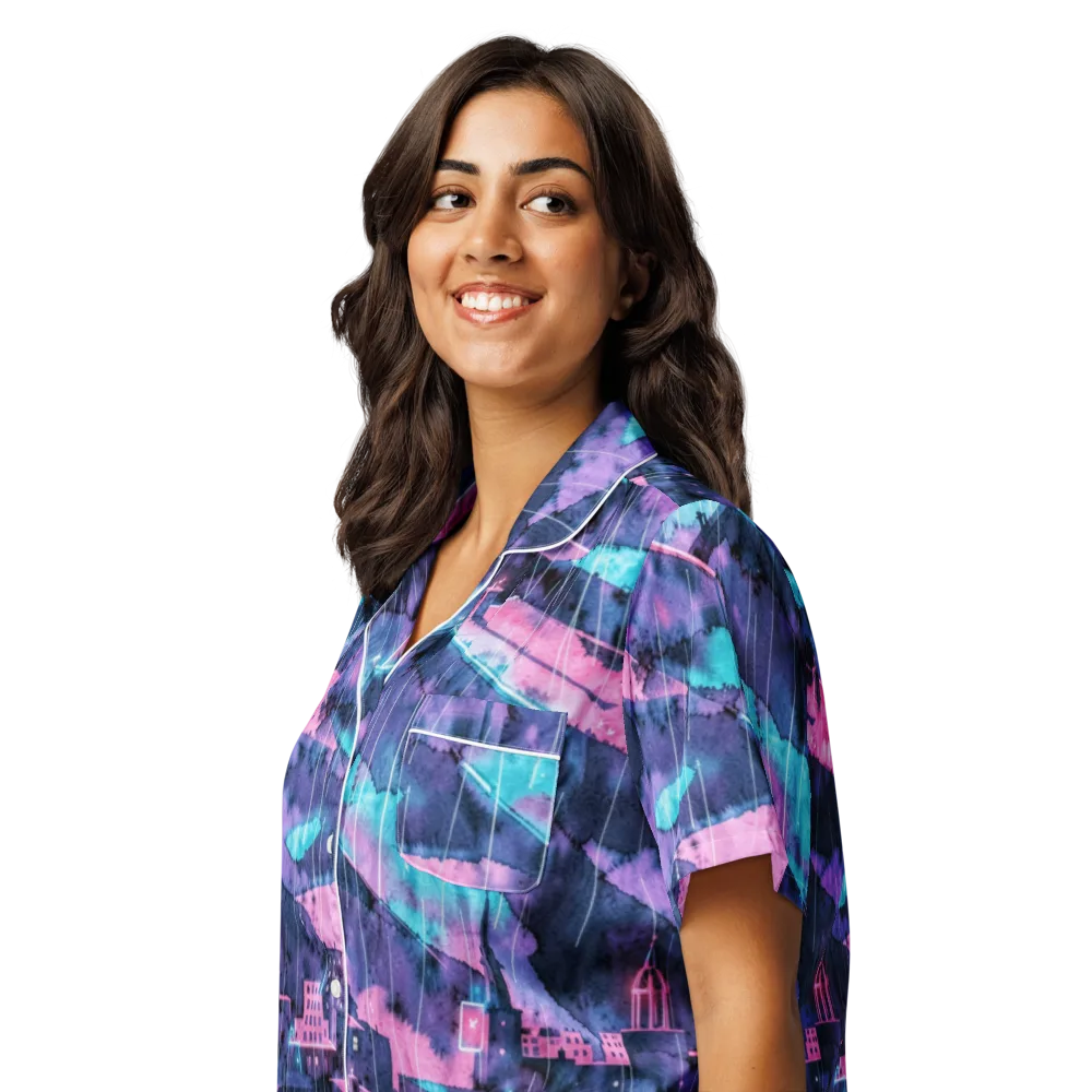 Violet Rooftop Storm on Women's Short Sleeve Pajama Top — Left Front
