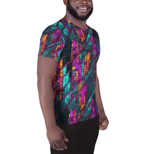 Electric Rose Window on a Men's Athletic T-Shirt