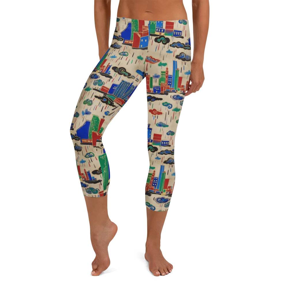 Rainy Neon City on Capri Leggings — Front