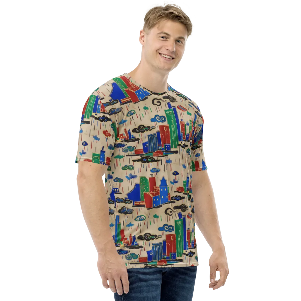 Rainy Neon City on Men's Crew Neck T-Shirt — Right
