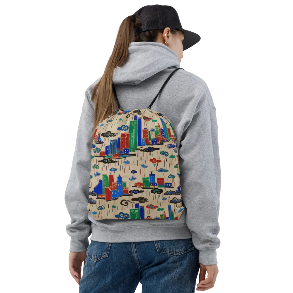 Rainy Neon City on Drawstring Bag — Front