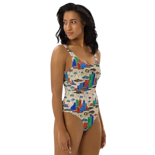 Rainy Neon City on a One-Piece Swimsuit