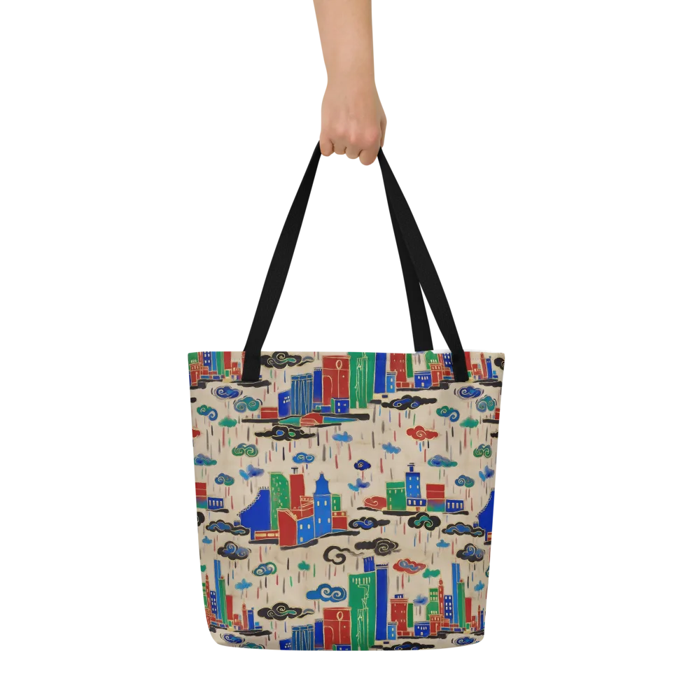 Rainy Neon City on Large Tote Bag W/ Pocket — Front