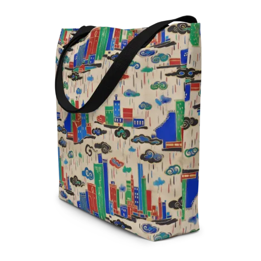 Rainy Neon City on a Large Tote Bag W/ Pocket