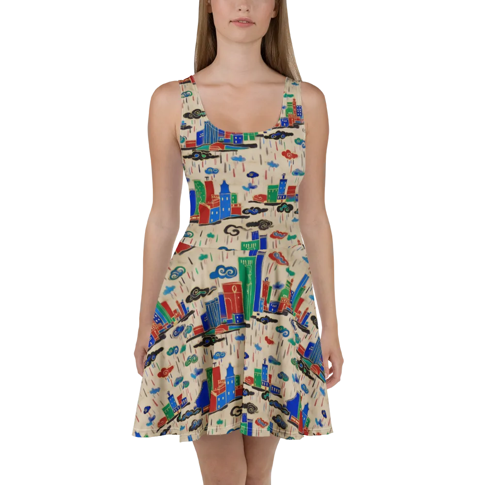 Rainy Neon City on Skater Dress — Front