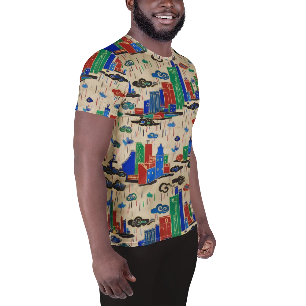 Rainy Neon City on Men's Athletic T-Shirt — Right