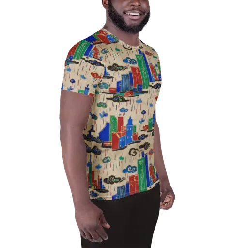 Rainy Neon City on a Men's Athletic T-Shirt
