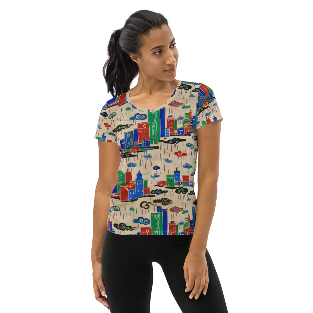 Rainy Neon City on Women's Athletic T-Shirt — Front