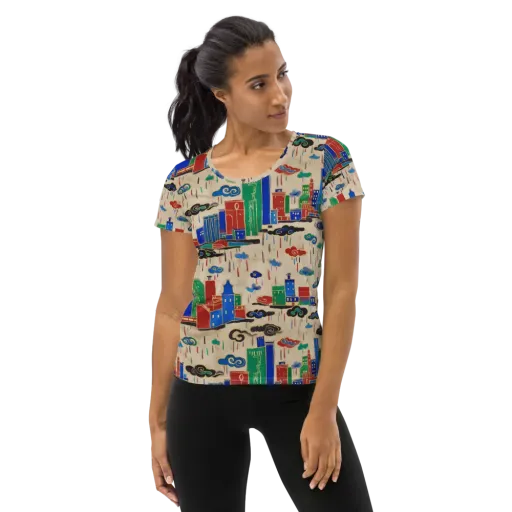Rainy Neon City on a Women's Athletic T-Shirt