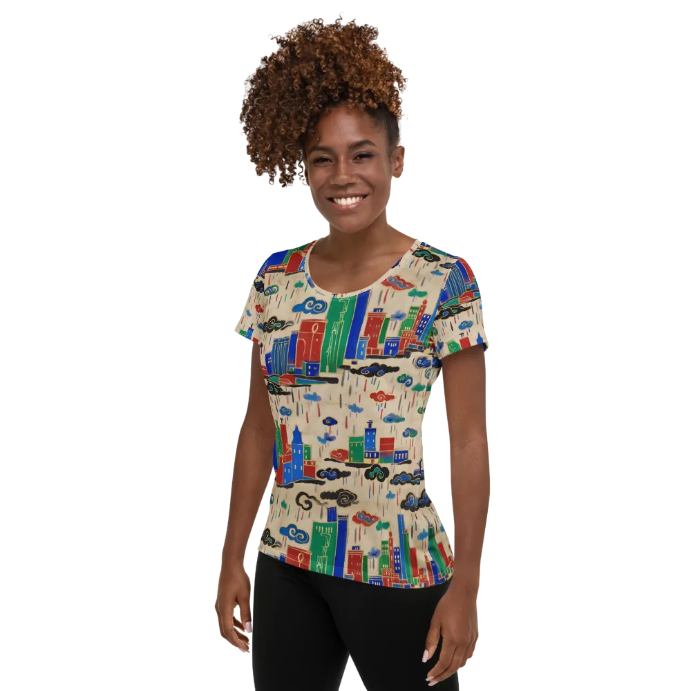 Rainy Neon City on Women's Athletic T-Shirt — Left
