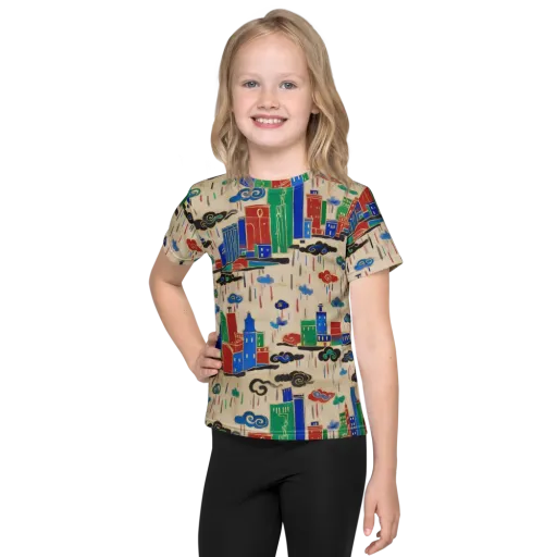 Rainy Neon City on a Kids Crew Neck T-Shirt