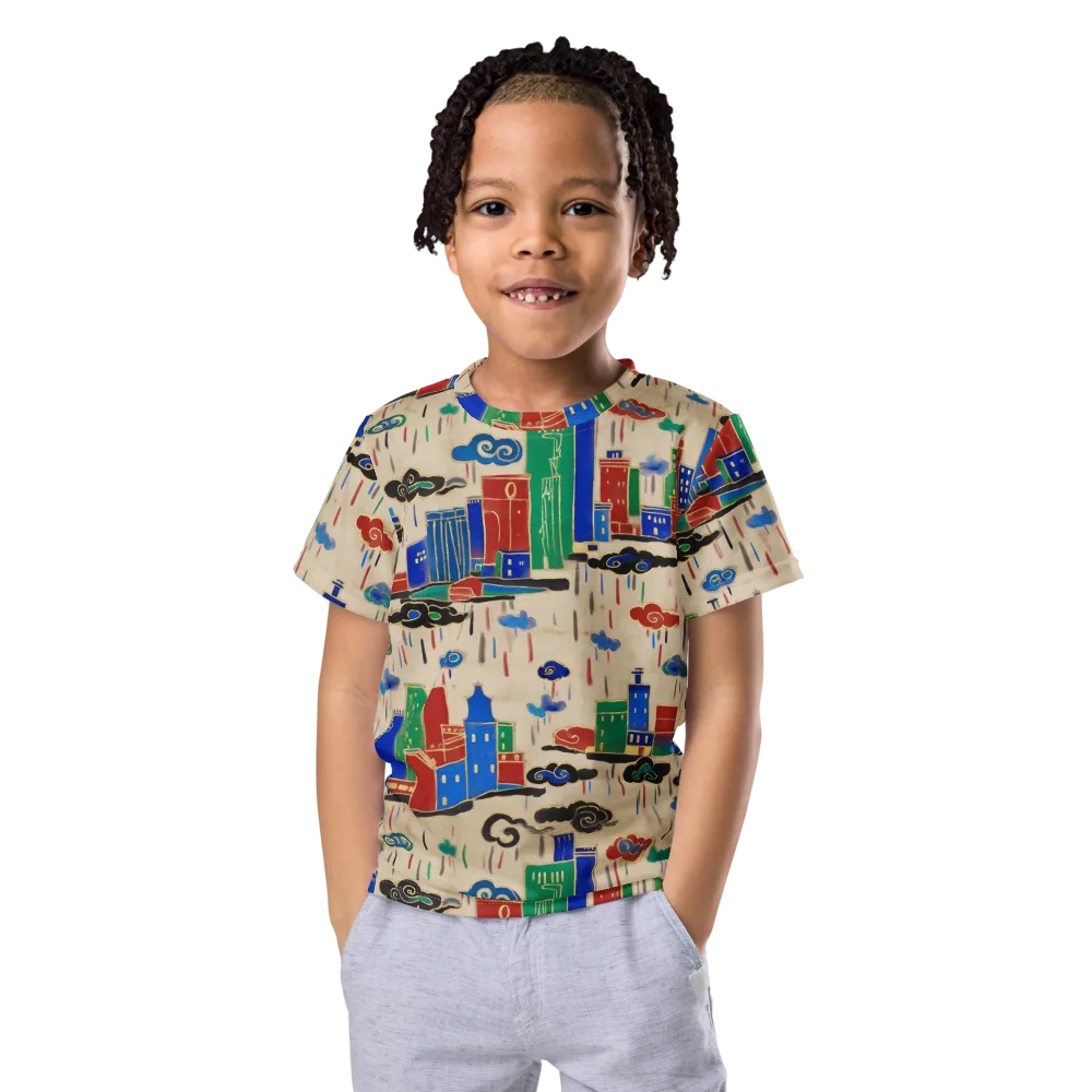 Rainy Neon City on Kids Crew Neck T-Shirt — Front