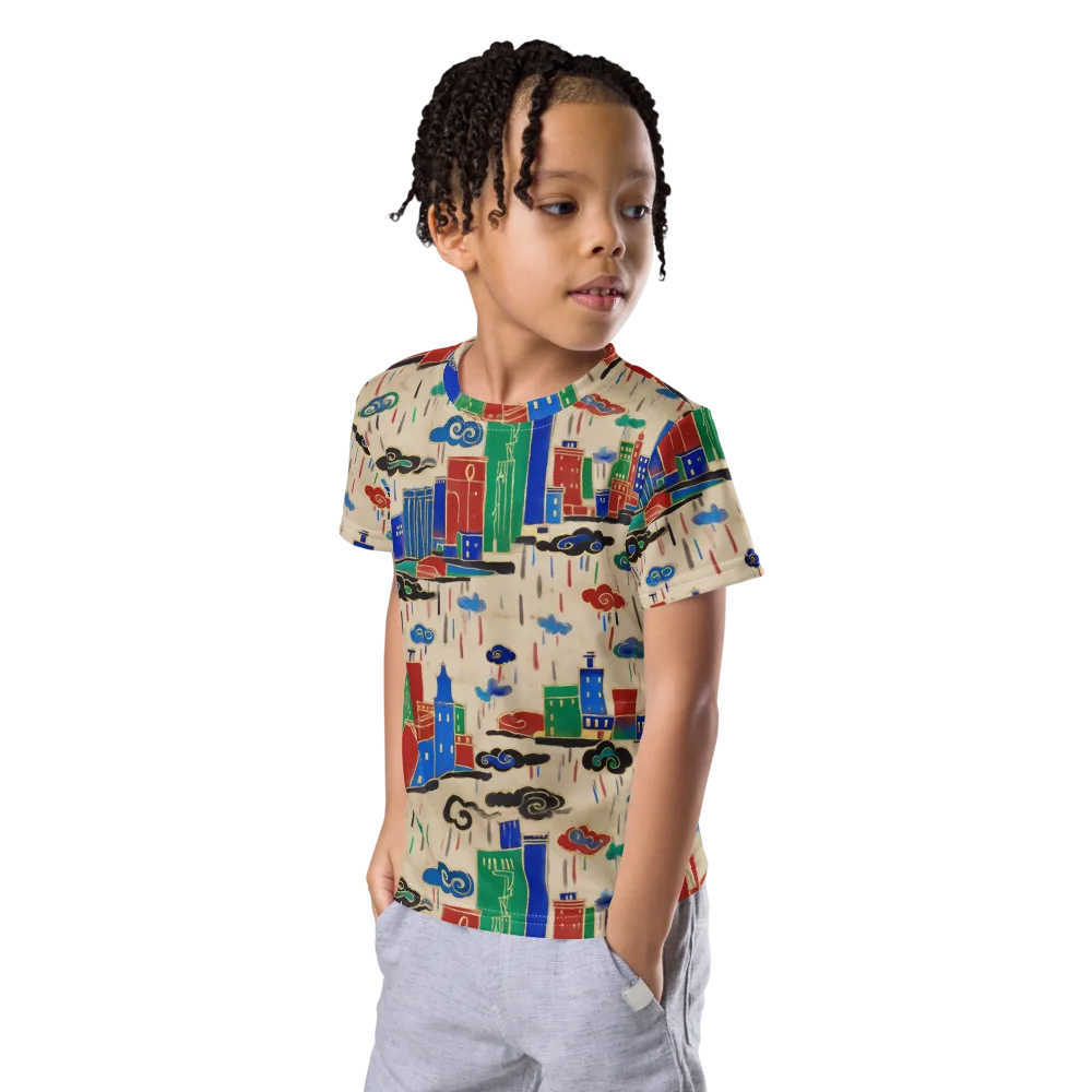 Rainy Neon City on Kids Crew Neck T-Shirt — Left Front
