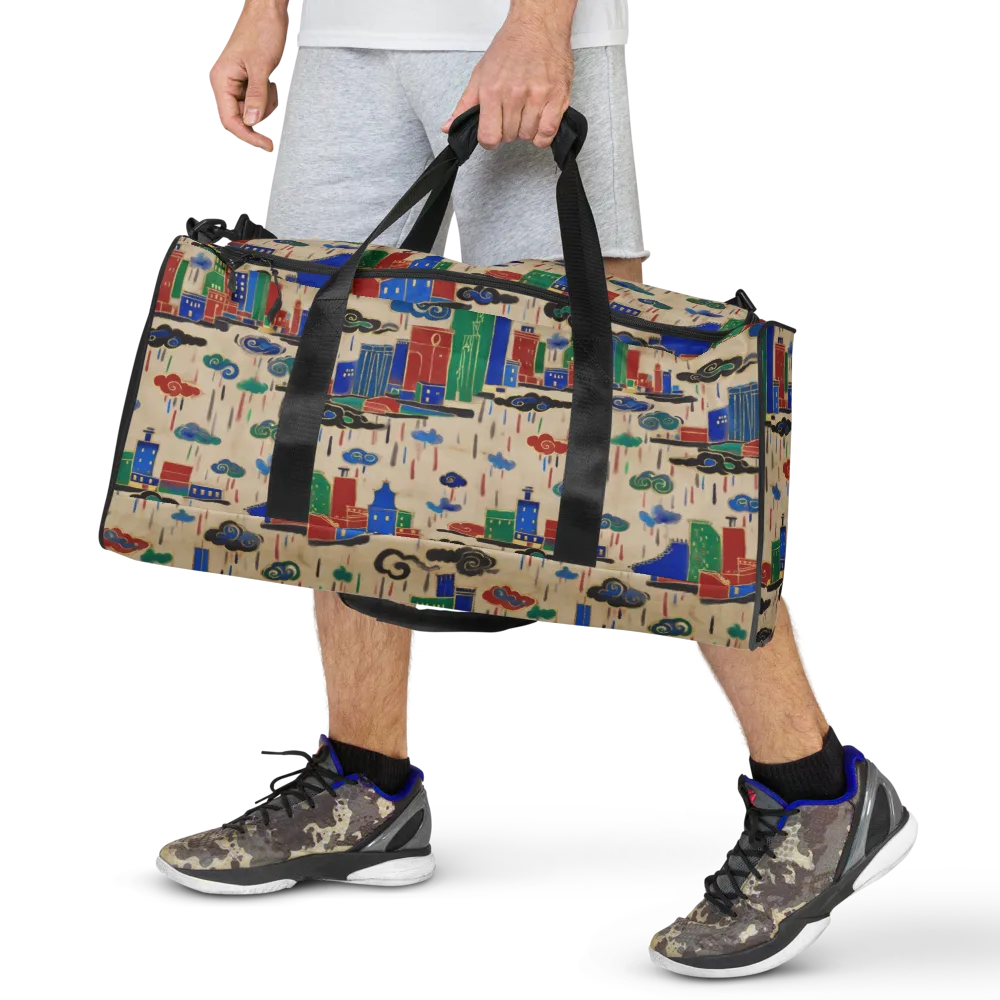 Rainy Neon City on Duffle Bag — Front