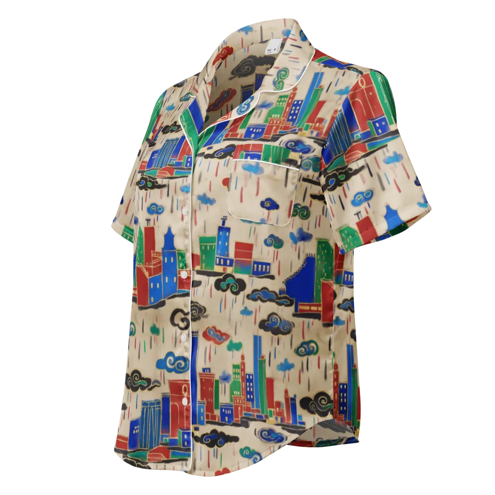 Rainy Neon City on Women's Short Sleeve Pajama Top — Left Front