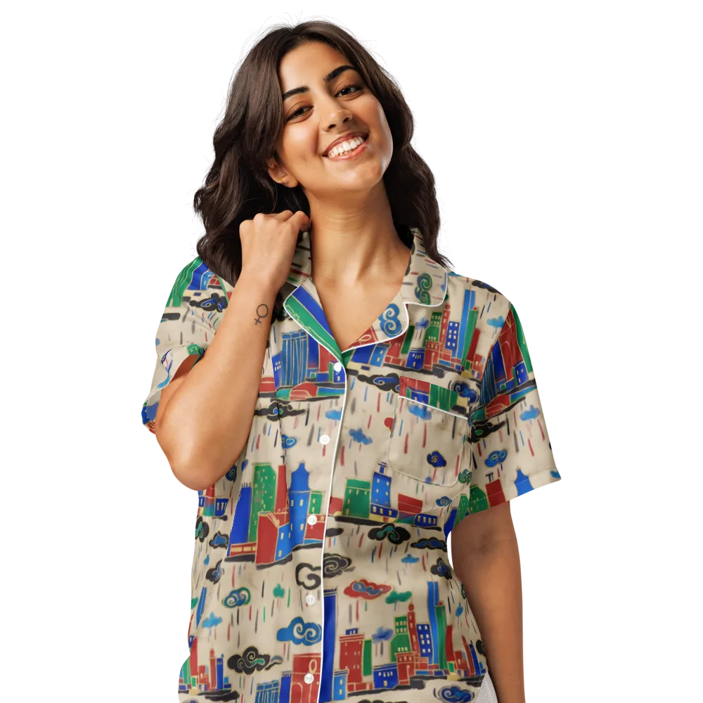 Rainy Neon City on Women's Short Sleeve Pajama Top — Front