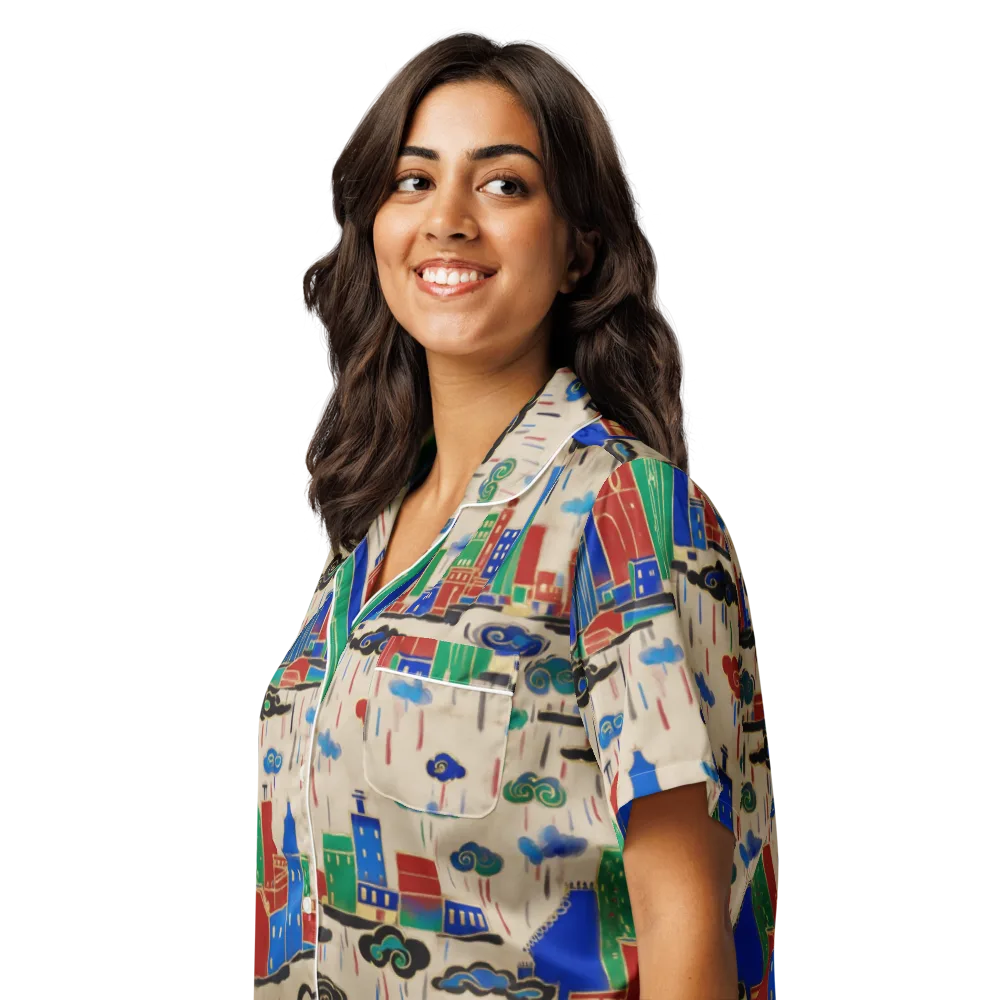 Rainy Neon City on Women's Short Sleeve Pajama Top — Left Front