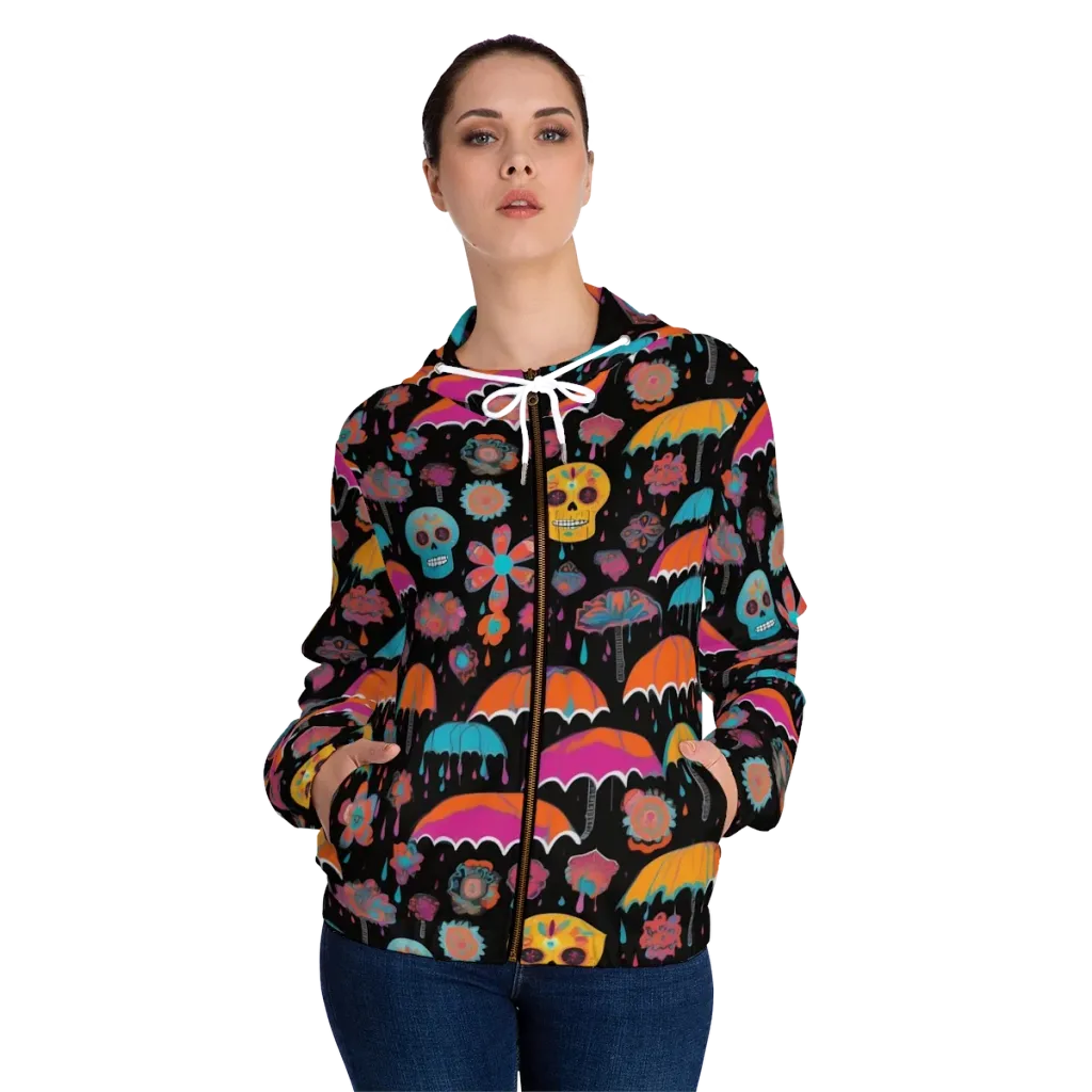 Skull Shower on Women's Full-Zip Hoodie — Front On Person