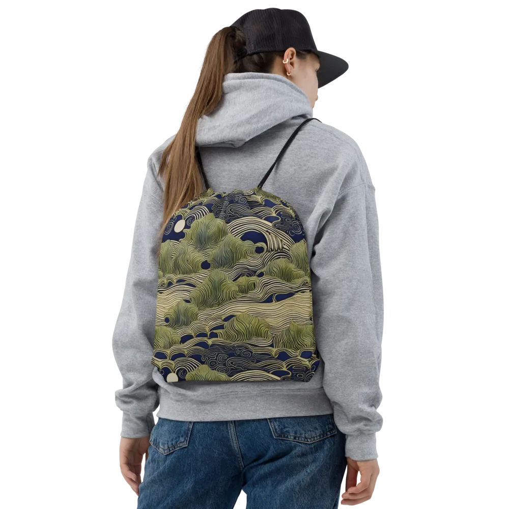 Indigo Tidal Song on Drawstring Bag — Front
