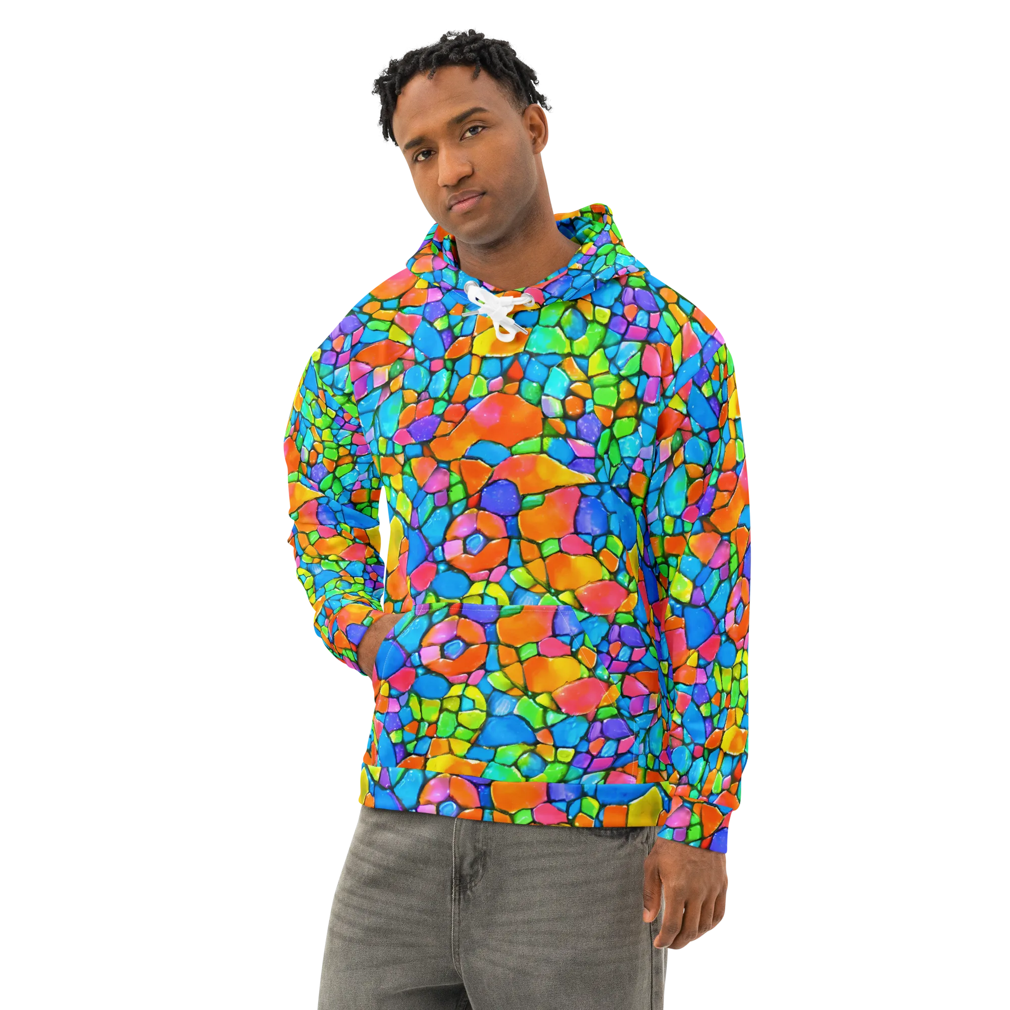 Prismatic Mosaic on Cotton Hoodie — Left Front