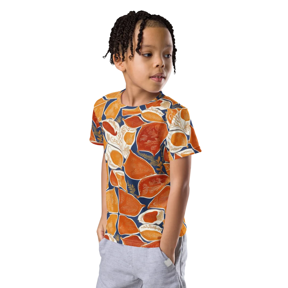 Citrus Tapestry on Kids Crew Neck T-Shirt — Left Front