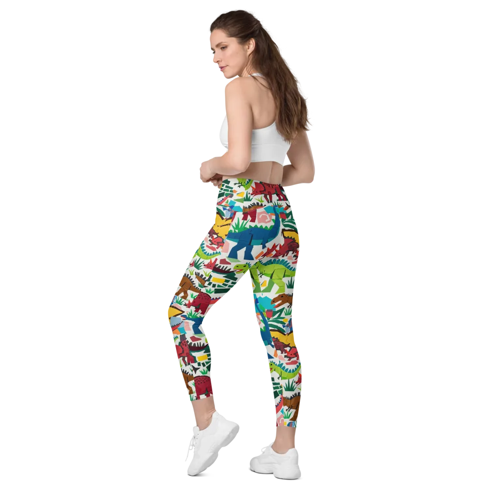 Prehistoric Parade on Leggings with Pockets — Left Back