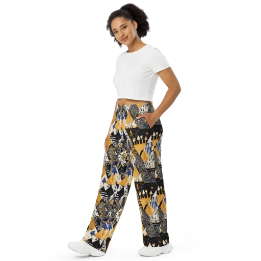 Golden Circuitry on a Wide-Leg Pants