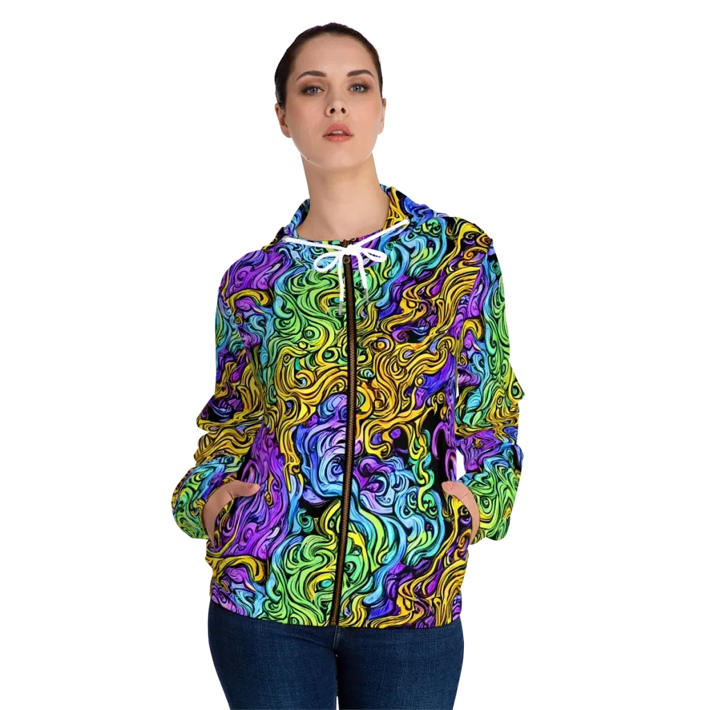 Electric Whorl on Women's Full-Zip Hoodie — Front On Person