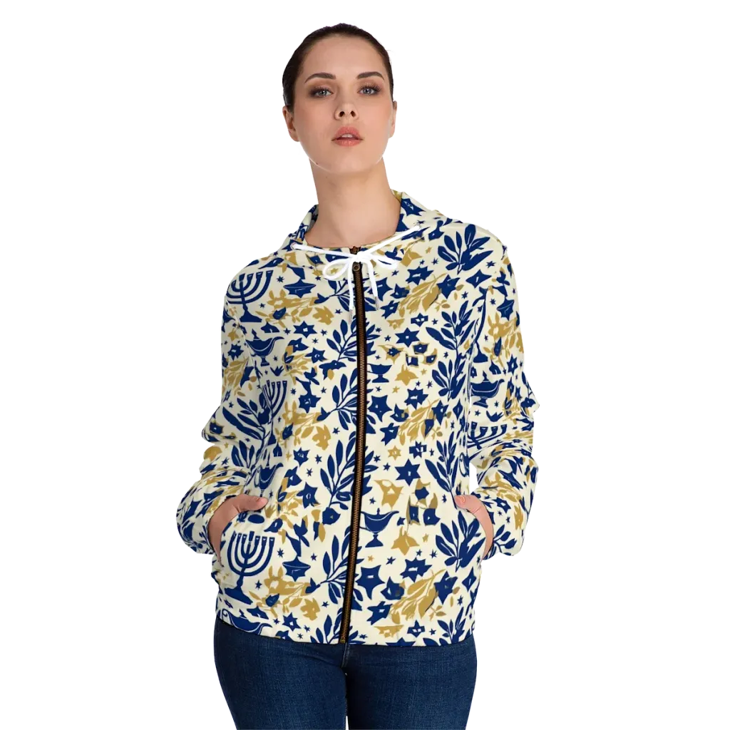 Gilded Hanukkah Garden on Women's Full-Zip Hoodie — Front On Person