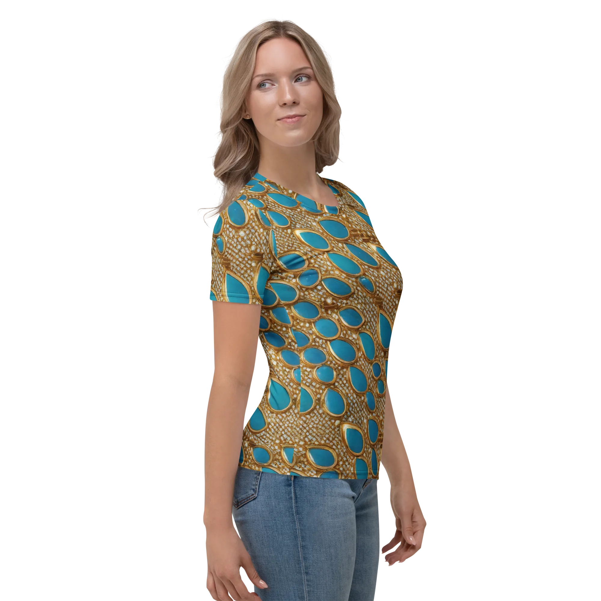 Aqua Gilded Mesh on Women's Crew Neck T-Shirt — Right