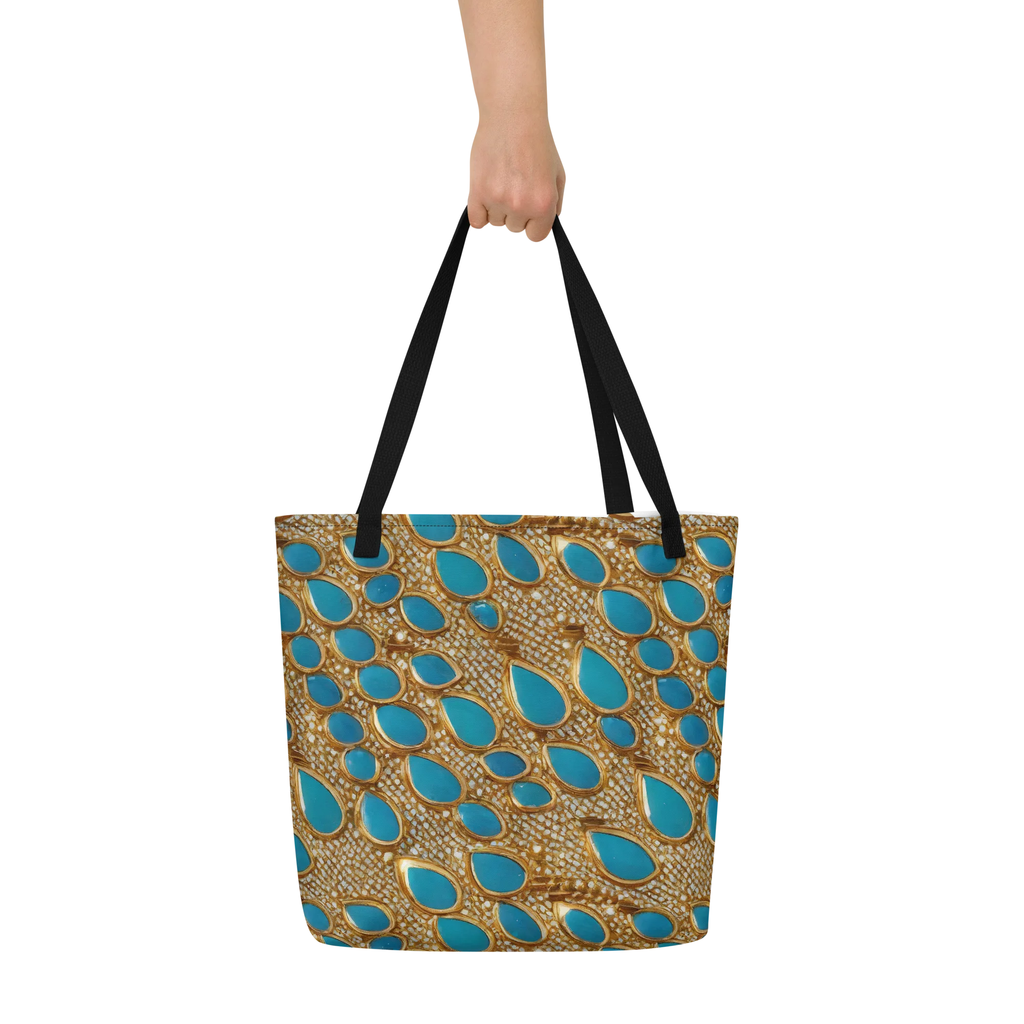 Aqua Gilded Mesh on Large Tote Bag W/ Pocket — Front