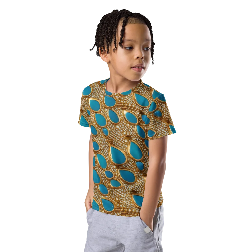 Aqua Gilded Mesh on Kids Crew Neck T-Shirt — Left Front