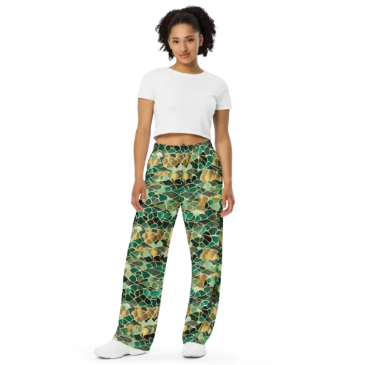 Gilded Emerald Lattice on a Wide-Leg Pants
