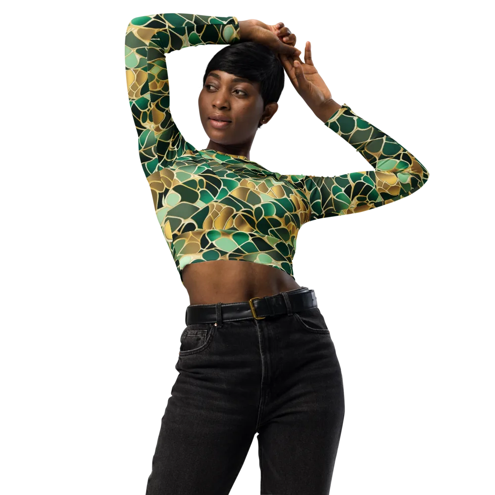 Gilded Emerald Lattice on Long Sleeve Crop Top — Front