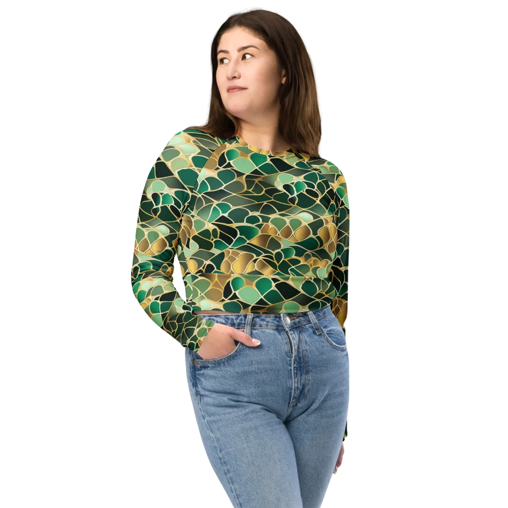 Gilded Emerald Lattice on Long Sleeve Crop Top — Front